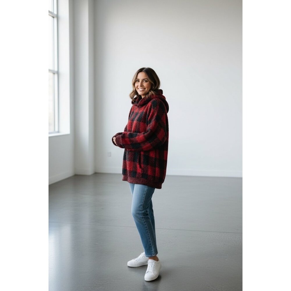SKIMS Women's Cozy Red & Black Buffalo Plaid Sherpa Hoodie Sweater Small